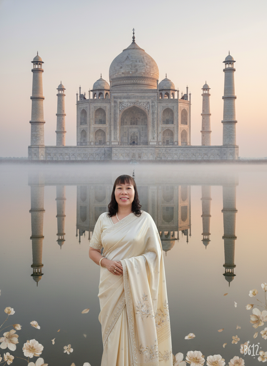 Chị Lương trong trang phục truyền thống trước Taj Mahal
